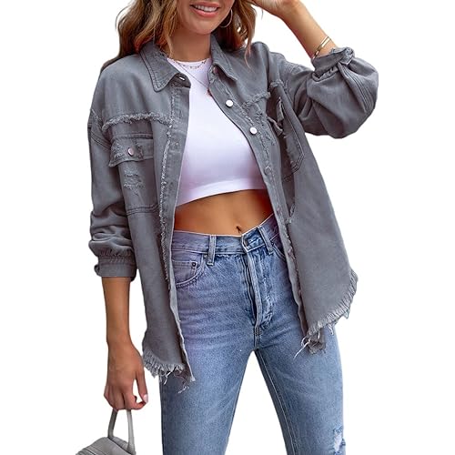 LAVIYE Damen-Jeansjacke Modisch Lässig Zerrissen Distressed-Jeanshemden Lange Ärmel Knopfleiste Lockerer Ausgefranster Mantel,Grau,S von LAVIYE