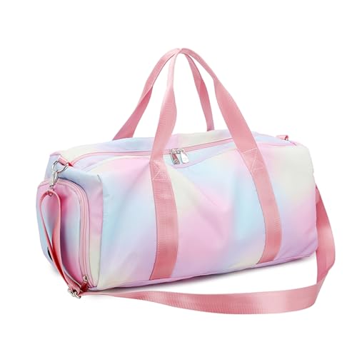 Kinder Mädchen Reisetasche für Gymnastik Schwimm Niedlich Buntes Tanztasche Regenbogen Muster Sporttasche Damen Rosa Blau Trainingstasche mit Wasserdichter Tasche Schuhfach Schultergurt von LAWENDA