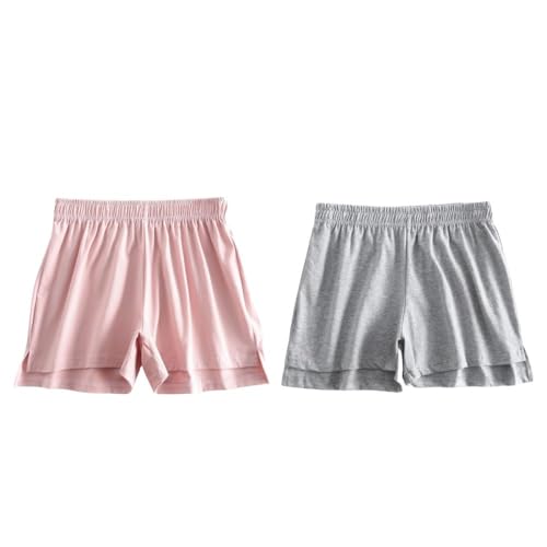 LApooh Pyjama Shorts Für Damen, 2Er Pack, Sommer Baumwolle, Elastische Taille, Einfarbig, Lässige Shorts Mit Seitlichem Schlitz, Damen Pyjama Boxershorts, Jogginghose, Grau Und Rosa, S von LApooh