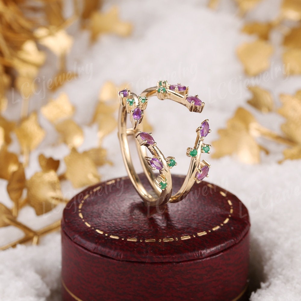 Einzigartige Amethyst Ring Wraps Vintage Rose Gold Blatt Ehering Zweig Doppelt Gebogene Smaragd Ringe Für Frauen von LCCjewelry