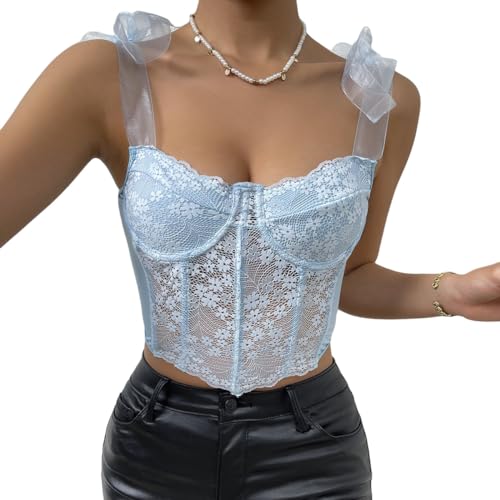 Corset Top,Frauen Sexy Korsetts Mode Hellblaue Blumenspitze Bustier Korsett Top Sommer Dünne Spaghettiträger Ohne Knochen Push Up Crop Tops Bh Elegante Schiere Camis Weste Für Damen Mädchen,S von LCDIUDIU