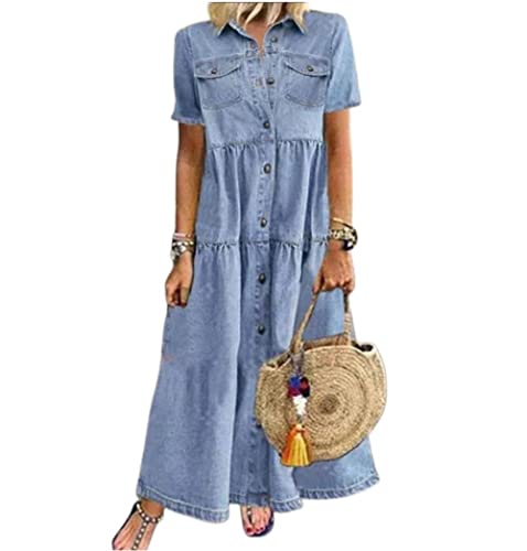 Sommerkleid Damen,Damen-Jeanskleid Vintage-Stil Kurzärmlig Im Used-Look Lässig Revers Knopfleiste Maxi-Hemdkleid Sommer A-Linie Gerüscht Gestuftes Jeanskleid Übergröße Kaftan-Kleider Hellblau M von LCDIUDIU