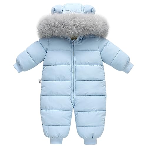 LCIGIA Baby Strampler Schneeanzug Kinder Schnee Overall Neugeborene Winter Jumpsuit Einteiliger Skianzug Mädchen Jungen Schneeoverall mit Abnehmbarem Pelzkragen Verdickte Daunenjacke, Blau, 80 von LCIGIA