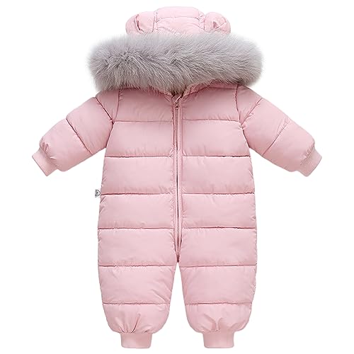 LCIGIA Baby Strampler Schneeanzug Kinder Schnee Overall Neugeborene Winter Jumpsuit Einteiliger Skianzug Mädchen Jungen Schneeoverall mit Abnehmbarem Pelzkragen Verdickte Daunenjacke, Rosa, 73 von LCIGIA