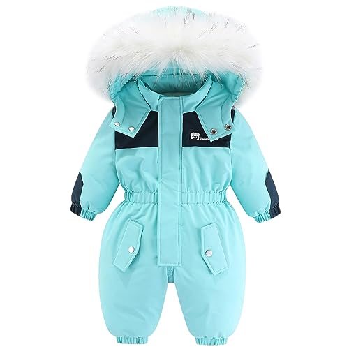 LCIGIA Kinder Schneeanzug Mädchen Overall Baby Strampler Jungen Einteiliger Schneeoverall mit Pelzkapuze Winddicht Wasserdicht Daunenjacke Unisex Jumpsuit Winter Skianzug, Hellblau, 86-92 von LCIGIA