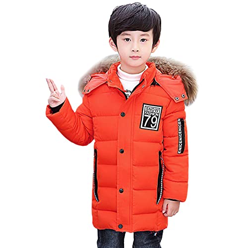 LCIGIA Kinder Winterjacke Jungen Wintermantel Baumwoll Jacke Mit Abnehmbarem Großem Pelzkragen Winddichte Outdoorjacke Mädchen Warme Steppjacke, Orange, 134-140 von LCIGIA