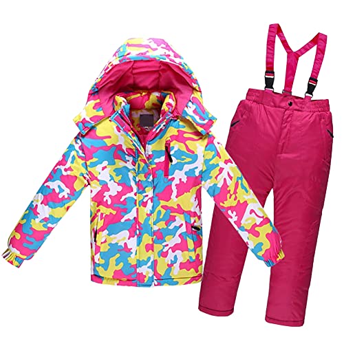 LCIGIA Schneeanzug Mädchen Skijacke Jungen Skianzug Kinder 2 Teilig Fleecejacke Mit Abnehmbarer Kapuze Jacke + Hosenträgerhose, Rosa Camouflage, 122-128, H13-YL28W65Z-P08 von LCIGIA