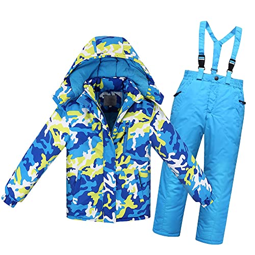 LCIGIA Schneeanzug Mädchen Skijacke Jungen Skianzug Kinder 2 Teilig Wasserdichte Fleecejacke Mit Abnehmbarer Kapuze Jacke + Hosenträgerhose, Blau + Camouflage, 110-116 von LCIGIA