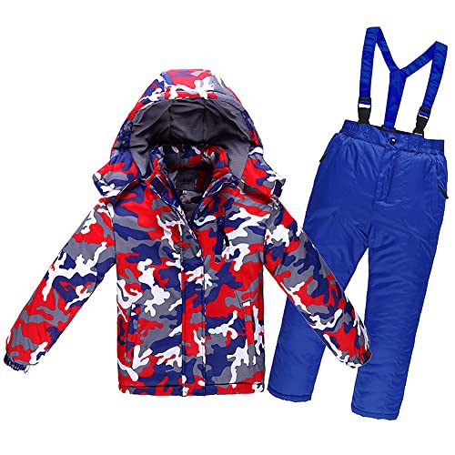 LCIGIA Schneeanzug Mädchen Skijacke Jungen Skianzug Kinder 2 Teilig Wasserdichte Fleecejacke Mit Abnehmbarer Kapuze Jacke + Hosenträgerhose, Dunkelblau + Camouflage, 116-122 von LCIGIA