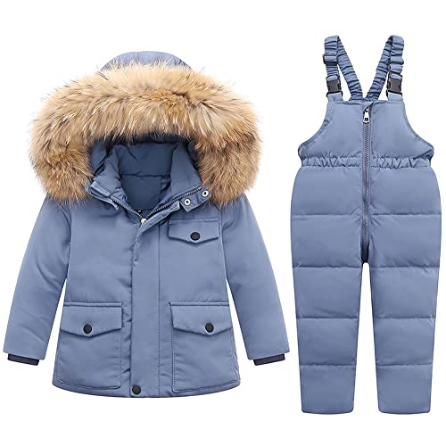 LCIGIA Skianzug Mädchen Kinder Schneeanzug 2tlg Winterjacke Jungen Skijacke Verdickte Jacke Mit Abnehmbarem Pelzkragen Winddichte Daunenjacke + Hose, Blau, 104-110, H13-YL28W74Z-L11 von LCIGIA