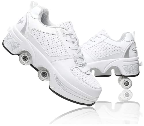 LDRFSE Rollschuh, Mädchen, Sneaker, Rollschuhe, Skateboardschuhe, Sneakers mit Rädern, Sport, Gymnastik, Mode, Mehrzweck-Kick-Roller, für Jungen und Mädchen, Weiß / Silber., 36 EU von LDRFSE