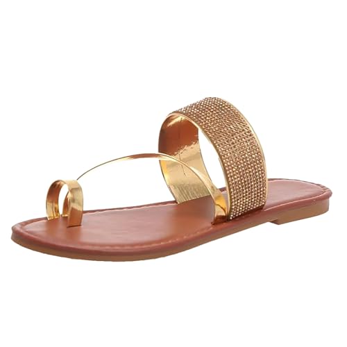 LDadgf Damen Sommer Hausschuhe mit flacher Sohle und Rautenmuster, große offene Zehenpartie, Strand-Hausschuhe Damen Schuhe 38 (Gold, 36) von LDadgf