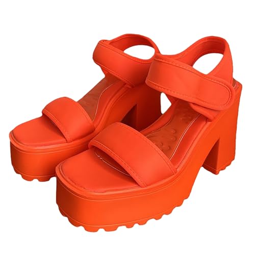 LDadgf Sommer Candy Farbe Ein Strap High Heels Runde Blockabsatz Casual Sandalen Damenschuhe 35 (Orange, 37) von LDadgf