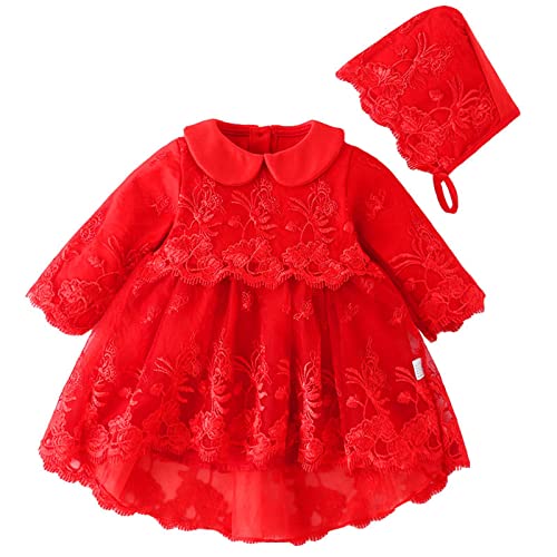LDadgf Neugeborenes Baby Frühling Frühling Tüll Solide Langarm Geburtstagsfeier Prinzessin Kleid Hut Kleidung Mädchen Röcke Winter (Red, 0-3 Months) von LDadgf