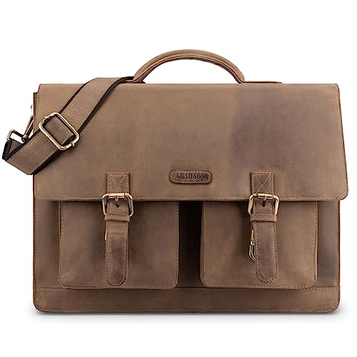 LEABAGS Leder Aktentasche Herren & Damen I Echtleder Laptoptasche bis 15 Zoll I Umhängetasche mit Schultergurt I Schultertasche I Messenger Bag I Arbeitstasche I Lehrertasche I Nature Mittelbraun von LEABAGS