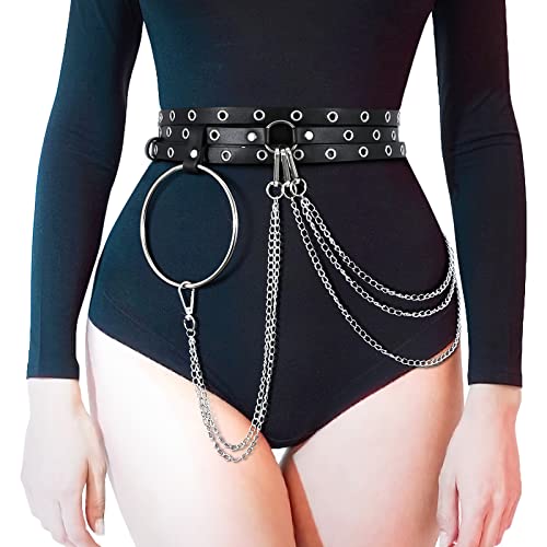 LEACOOLKEY Frauen Punk Taillenkette Gürtel Schwarz, verstellbare Körperkette Gothic Bauch Taillengürtel Rock PU Leder geschichteter Gürtel für Mädchen Kleid Halloween Kostüm von LEACOOLKEY