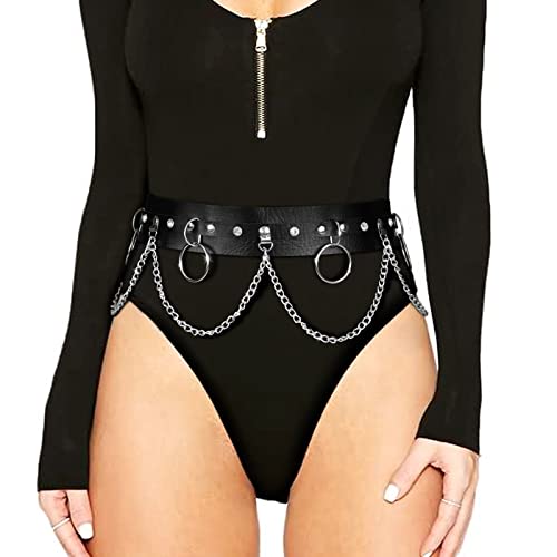 LEACOOLKEY Frauen Punk Taillenkette Gürtel Schwarz, verstellbare Körperkette Gothic Bauch Taillengürtel Rock PU Leder geschichteter Gürtel für Mädchen Kleid Halloween Kostüm von LEACOOLKEY