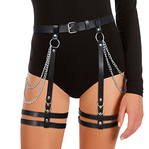 LEACOOLKEY Punk PU Leder Kettengürtel für Damen Gothic Rock Taillengürtel mit Bein Strumpfbänder von LEACOOLKEY