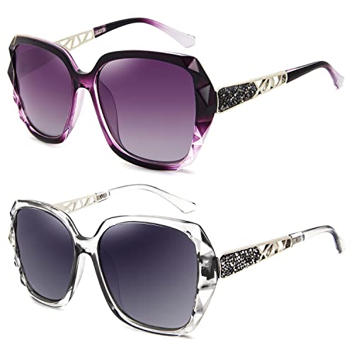 LECKIRUT Sonnenbrille Damen Groß Vintage Polarisiert UV Schutz Klassische Mode Damen Farben Lila & Transparent Grau von LECKIRUT