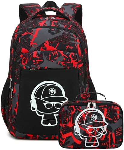 LEDAOU Kinder Schulrucksack Schulranzen Jungs Mädchen Teenager Rucksack Schule mit Lunchtasche Vorschule Grundschule (Graffiti Rot) LEDAOU Kinder Schulrucksack Schulranzen Jungs Mädchen Teenager Rucksack Schule mit Lunchtasche Vorschule Grundschule (Graffiti Rot) von LEDAOU