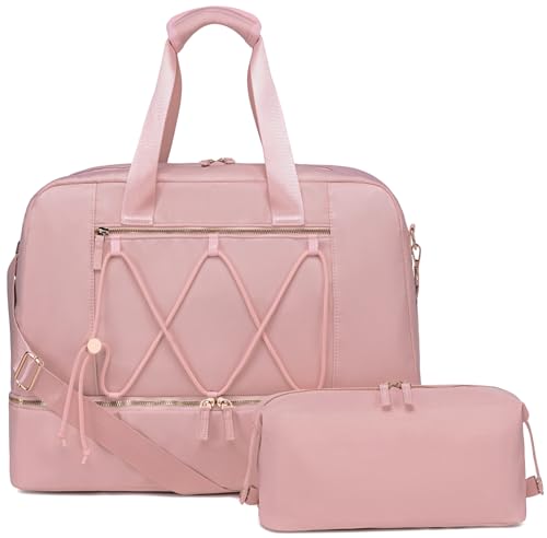 LEDAOU Reisetasche Damen Gro? wasserdichte Tasche Handgep?ck Tasche Faltbare Sporttasche Damen M?dchen Reisetasche mit Kulturtasche Schuhfach für Flugzeug Reisen(Rosa) von LEDAOU