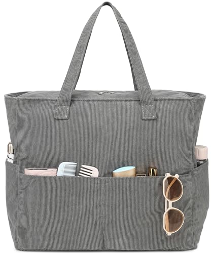 LEDAOU Strandtasche, wasserdicht, sanddicht, für Damen, Pooltasche mit Reißverschluss, für Fitnessstudio, Lebensmittel, Reisen, mit Nassfach, Cord, Grau, Large von LEDAOU