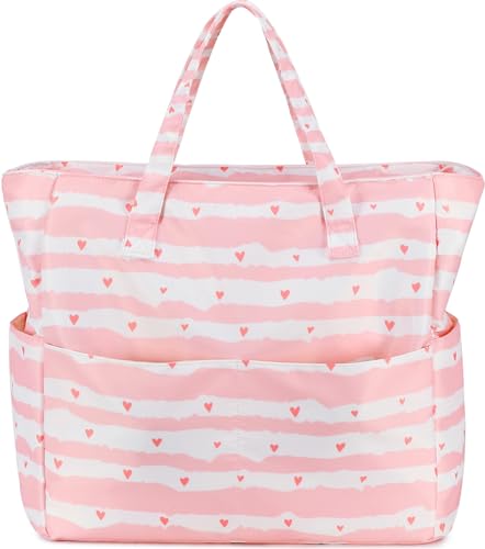 LEDAOU Strandtasche, wasserdicht, sanddicht, für Damen, Pooltasche mit Reißverschluss, für Fitnessstudio, Lebensmittel, Reisen, mit Nassfach, Rosa Herzstreifen, Large von LEDAOU