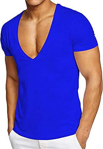 LEEGG Herren Sexy Tiefer V-Ausschnitt Kurzarm Slim Fit T-Shirt Stretch Muscle Gym Workout Sport Tops Lässige Sommer T-Shirts (Blau,L) von LEEGG