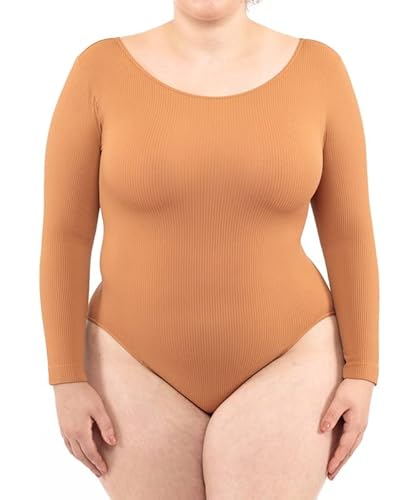 LEELA LAB Langarm Bodysuit Damen Größe Größen, Rundhalsausschnitt und Verstellbarem Verschluss, Nahtloser Technologie - Made in Italy (Camel, 3XL) von LEELA LAB