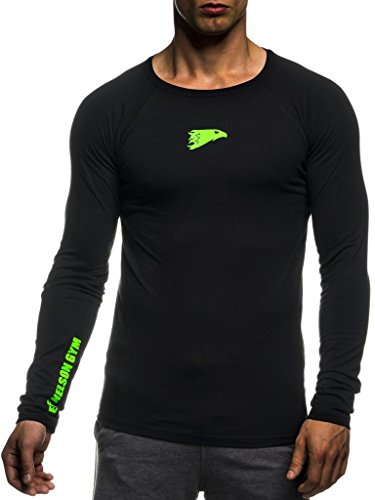 Leif Nelson Gym Herren Fitness Shirt Rundhals-Ausschnitt Slim Fit Langarm Männer Trainingsshirt Top Rundkragen Sport Sweatshirt - Hoodie für Bodybuilding Training 6283 Schwarz-Gruen Medium von Leif Nelson