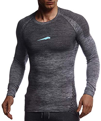 Leif Nelson Gym Herren Seamless Fitness Langarm-Shirt Funktionsshirt Slim Fit Männer Bodybuilder Trainingsshirt Sportshirt - Bekleidung für Bodybuilding Training LN8309 Schwarz-Türkis Small von Leif Nelson