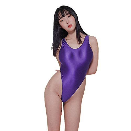 LEOHEX Damen Glänzend Einteiliger Badeanzug Tanga Sexy Bikini Schwimmanzug Monokini(L,Violett) von LEOHEX