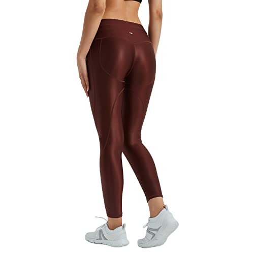 LEOHEX Damen Glänzend Splicing Mid Rise Legging Naked Feeling Stretch Workout Yogahose (L, Braun) von LEOHEX