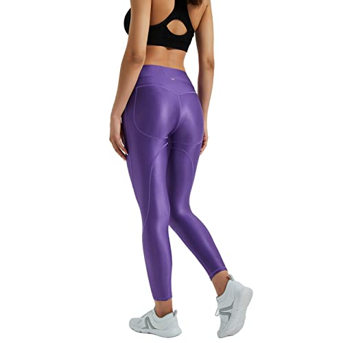 LEOHEX Damen Glänzend Splicing Mid Rise Legging Naked Feeling Stretch Workout Yogahose (L, Violett) von LEOHEX