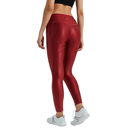 LEOHEX Damen Glänzend Splicing Mid Rise Legging Naked Feeling Stretch Workout Yogahose (L, Weinrot) von LEOHEX