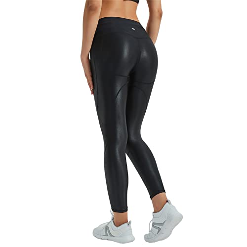 LEOHEX Damen Glänzend Splicing Mid Rise Legging Naked Feeling Stretch Workout Yogahose (M, Schwarz) von LEOHEX