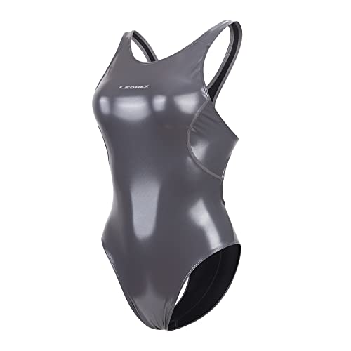 LEOHEX Kristall Diamant Starlight Einteiliger Badeanzug Glänzend Wetlook Enamel Bademode Slim Bodysuit Monokini Swimsuit(M,Grau) von LEOHEX