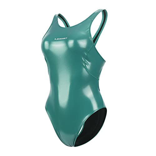 LEOHEX Kristall Diamant Starlight Einteiliger Badeanzug Glänzend Wetlook Enamel Bademode Slim Bodysuit Monokini Swimsuit(M,Grün) von LEOHEX