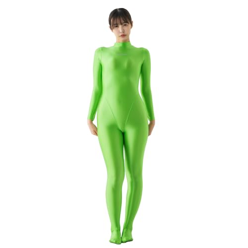 LEOHEX Satin Spandex Catsuit Glänzender Ganzkörper Damenkostüm Ohne Kapuze Ganzanzug Zentai Overalls Stretch Bodystocking(XL,Grün) von LEOHEX