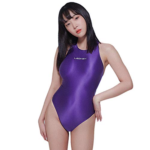 LEOHEX Sexy Satin Hochglanz Body Glänzend Bodysuit Einteiler Badeanzug Japan Skinsuit(L,Violett) von LEOHEX