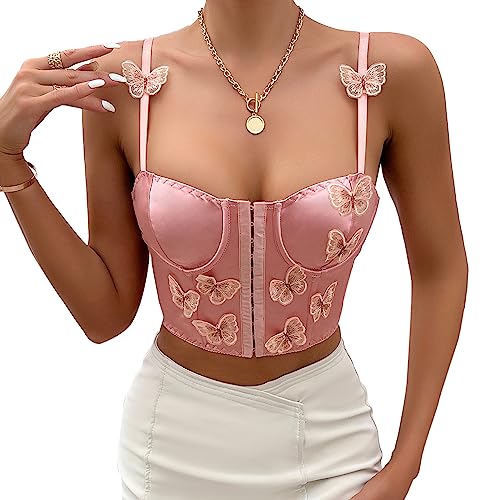 Frauen Schmetterling Korsett Crop Top Satin Seide Bustier Push Up Tank Tube Cami Top Vintage Clubwear, Hellrosa, Medium von LEOMOSTE