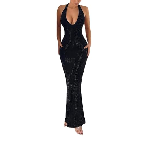 LEOMOSTE Sexy Maxikleid für Damen, tiefer V-Ausschnitt, rückenfrei, ärmellos, wunderschönes langes Kleid, Abendkleid, Partykleid, Schwarz, Mittel von LEOMOSTE