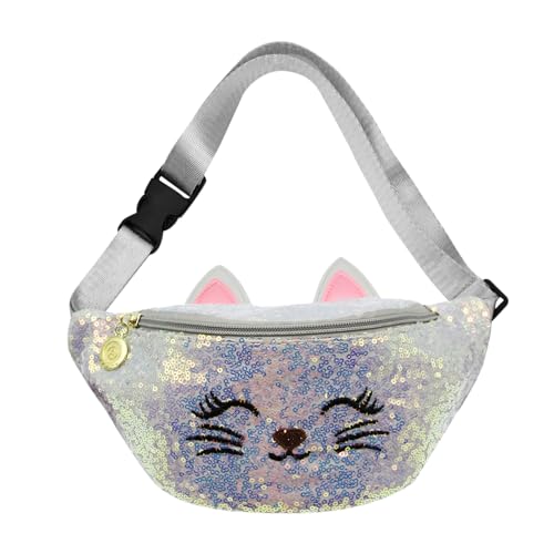 Pailletten-Taille lustige Packtasche für Frauen Mädchen, Glitzer Katze Cartoon Schulter Brust Gürtel Tasche, Glitter-Silber, Einheitsgröße von LEOMOSTE