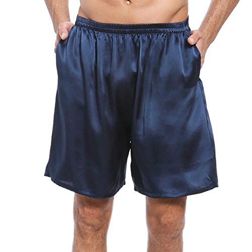 LEPTON 100% Maulbeerseiden Shorts für Männer, Bequeme Sportbekleidung, Vordertaschen, elastische Taille (Marineblau, Großl) von LEPTON