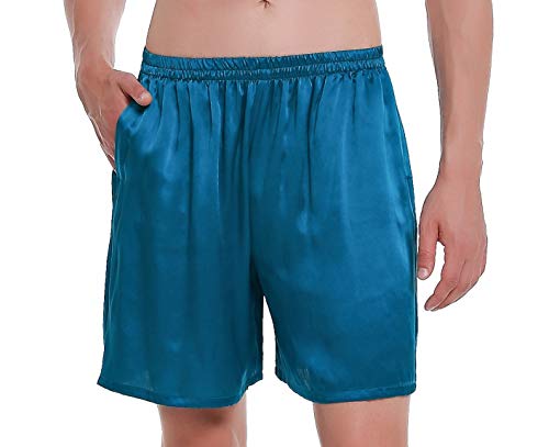 LEPTON 100% Maulbeerseiden Shorts für Männer, Bequeme Sportbekleidung, Vordertaschen, elastische Taille (Pfauenblau, X-Largel) von LEPTON