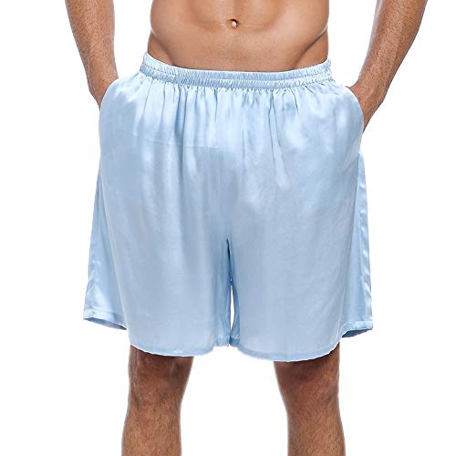 LEPTON 100% Maulbeerseiden Shorts für Männer, Bequeme Sportbekleidung, Vordertaschen, elastische Taille (hellblau, Klein) von LEPTON