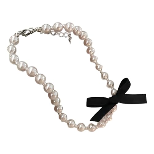 LERONO Halsketten, Perlen Halskette mit Seidenband Bowknot raffinierter Schleife Anhänger Halsband Kette für Frauen handgefertigtes Accessoire, Kunstperlen von LERONO