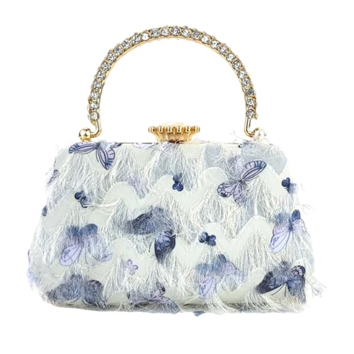 LERONO Taschen für Damen, Vintage Schmetterling Quasten Abendtasche Geldbörse mit abnehmbarer Kette Strass Metallgriff Crossbody Cheongsam Handtasche, blau von LERONO