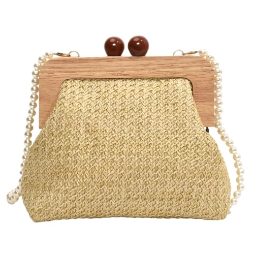 LERONO Taschen für Damen, gewebtes Stroh, Strand-Geldbörse mit Perlenkette, Holz, Kussverschluss, Schultertasche, elegante kleine Umhängetasche für den Urlaub, khaki von LERONO