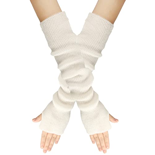 LERTREEUK Damen Mädchen Strickhandschuhe Kaschmir-Mischung Lange Armstulpen Ellenbogenwärmer Fingerlose Fäustlinge mit Daumenloch (Weiß) von LERTREEUK